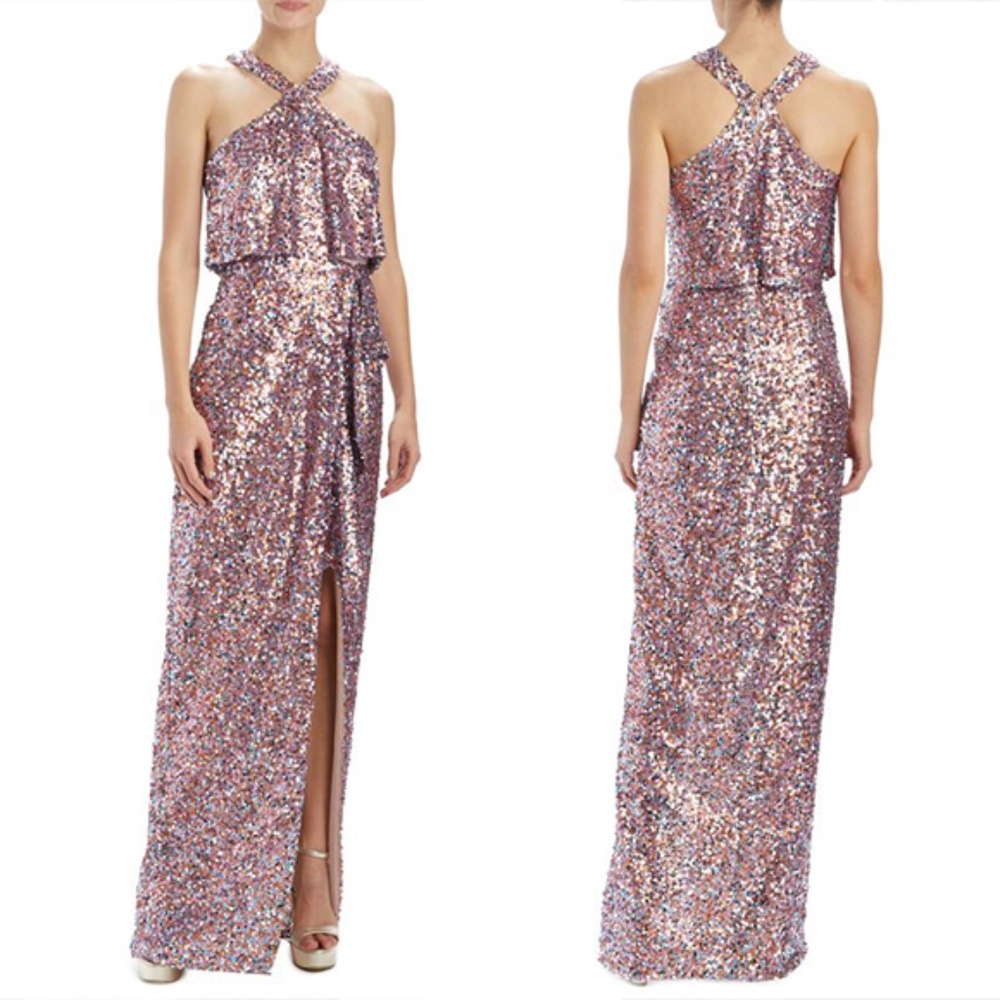 ML MONIQUE LHUILLIER Halter Sequined Gown